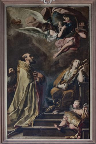 “San Liborio, Santa Maria Maddalena e angeli in volo che reggono l’immagine della Madonna della Ghiara” di Carlo Rizzi.
