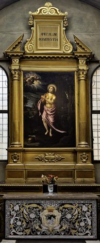 "Maddalena orante” di Ippolito Scarsella, detto Lo Scarsellino Miniatura Vista complessiva della quinta cappella destra nella Chiesa di San Pietro, con la pala di Ippolito Scarsella detto lo Scarsellino (1550-1620) (bottega di) Maddalena orante.