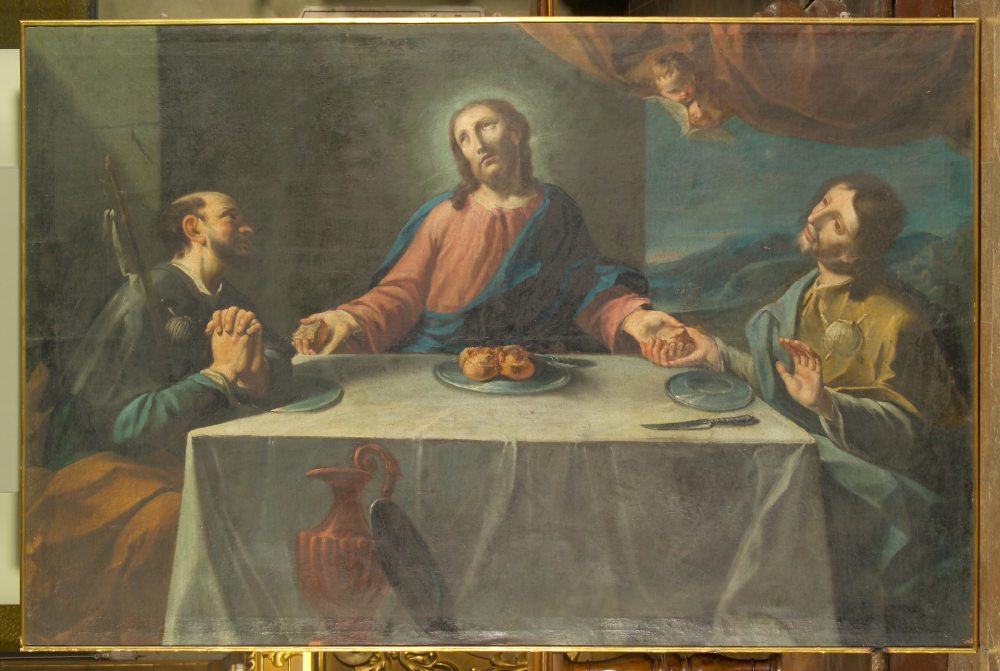 Dipinto raffigurante Cristo e due discepoli durante la Cena di Emmaus.