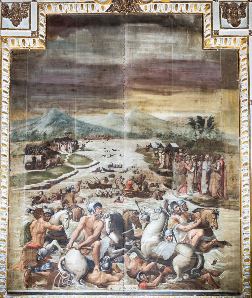 Dipinto di Giovanni Taraschi raffigurante L’Esercito del faraone sommerso nel Mar Rosso.